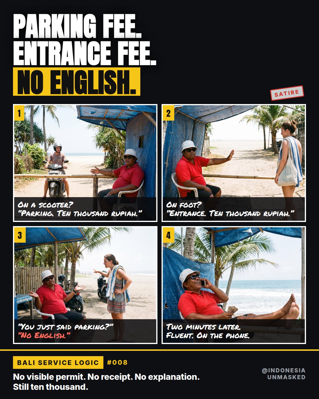 Parking fee. Entrance fee. No English.