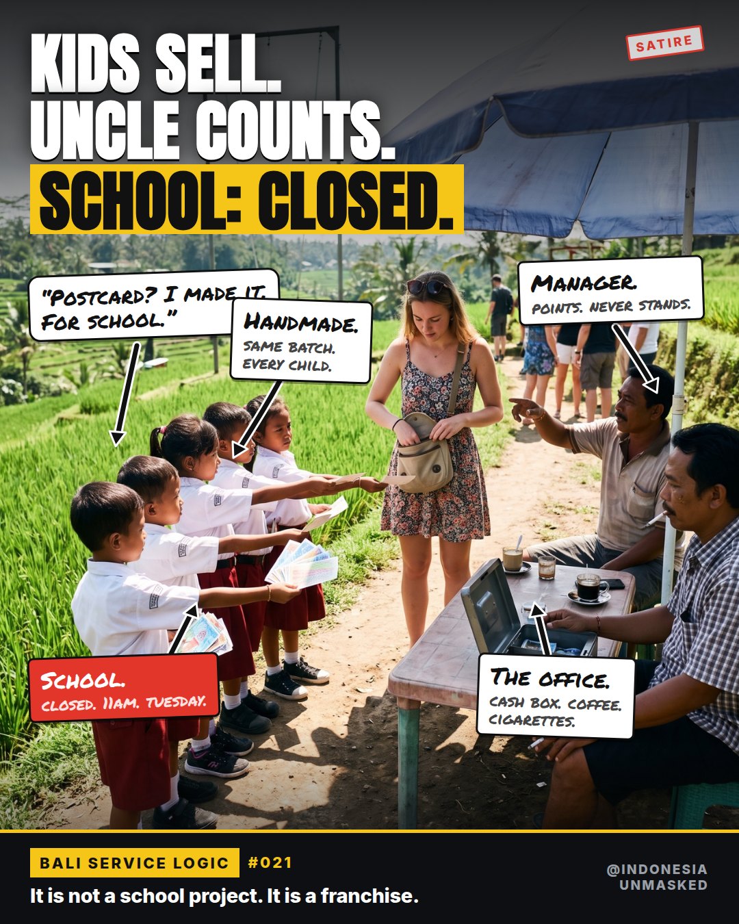 Kids sell. Uncle counts. School: closed.