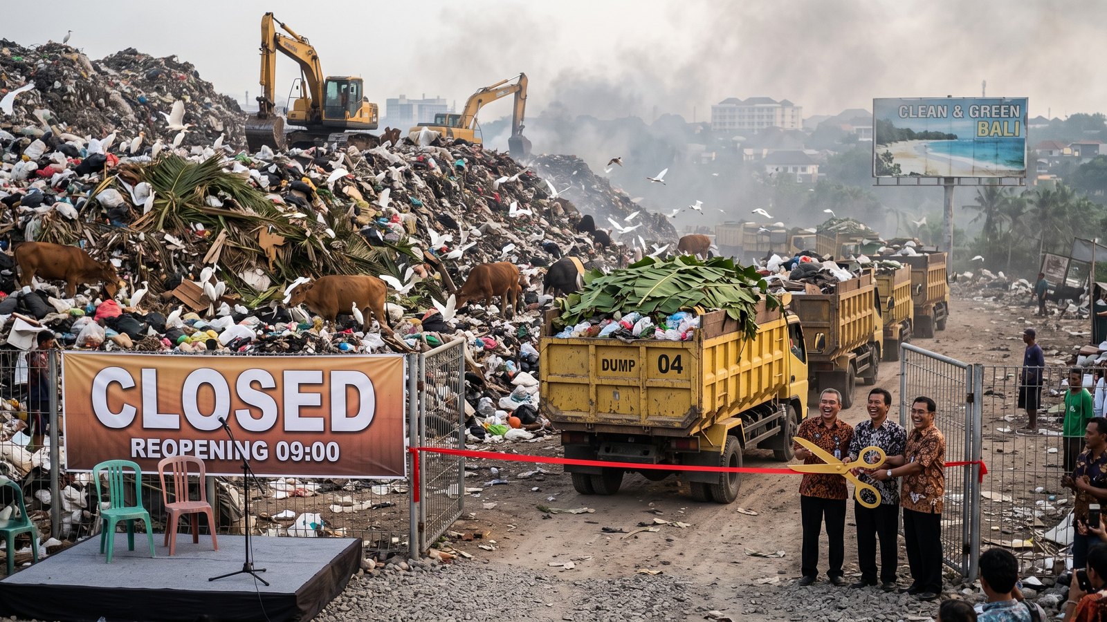 A landfill gate with a red ribbon and a banner reading CLOSED — REOPENING 09:00. Officials in batik shirts pose with giant golden scissors while a queue of dump trucks drives straight past them into a mountain of rubbish; the first load has banana leaves on top and plastic underneath.