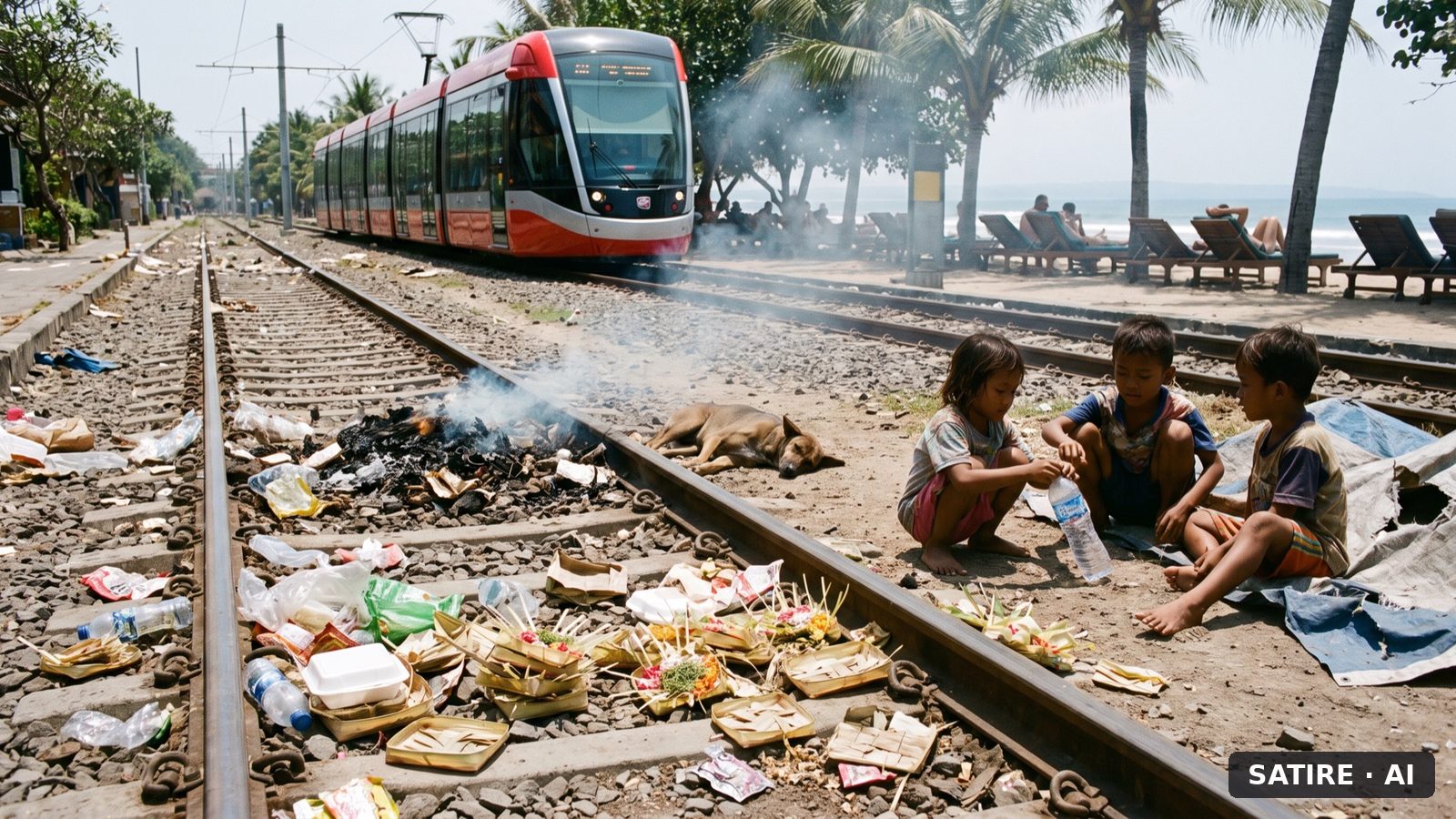 A red tram approaches along a beachfront track. On the rails in front of it: rubbish, canang offerings, a smouldering fire, a dead dog, and three children playing with a crushed plastic bottle.