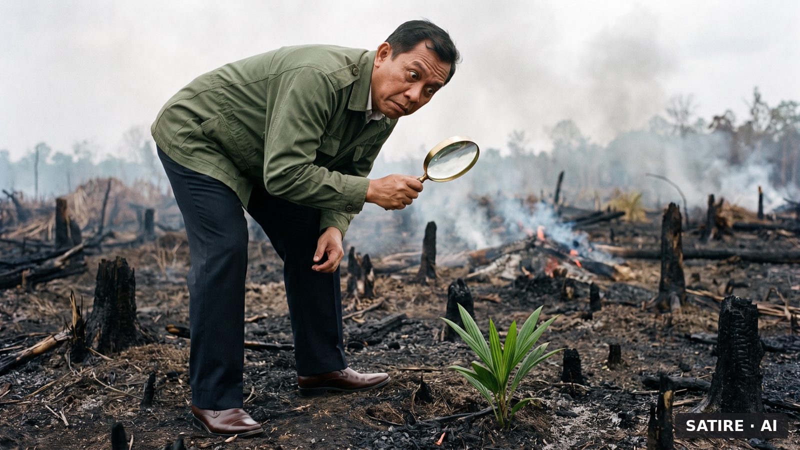 An official in a spotless field jacket stands in a burned clearing, holding a magnifying glass over a single oil palm seedling growing out of the ash, looking puzzled.