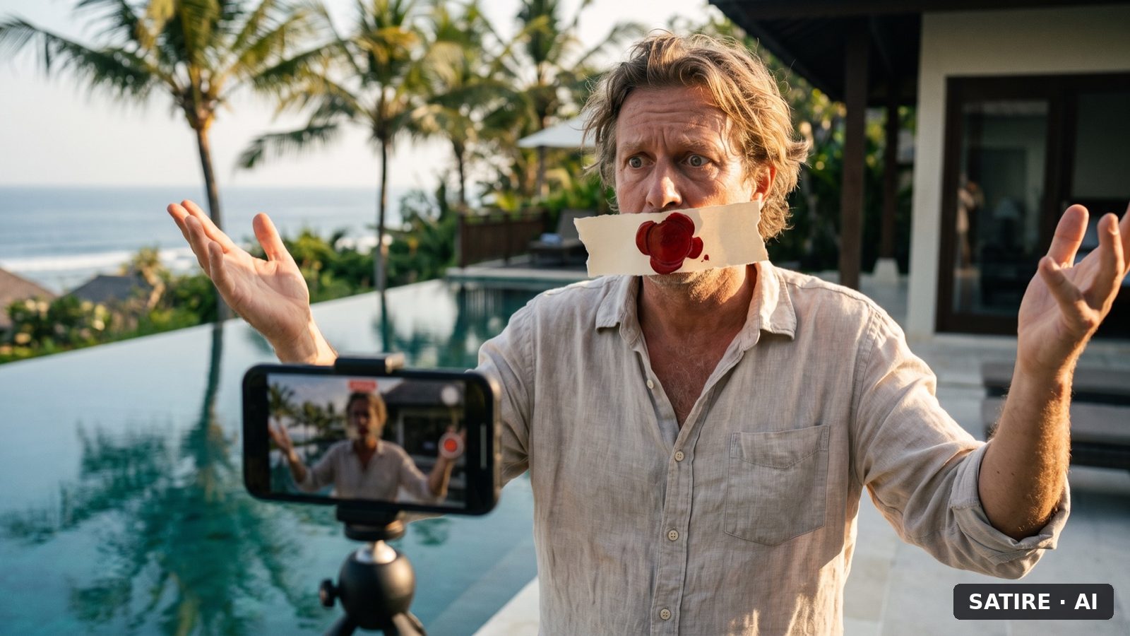 A foreign businessman stands in front of a villa with a phone on a tripod filming him. An official paper seal is stamped across his mouth.