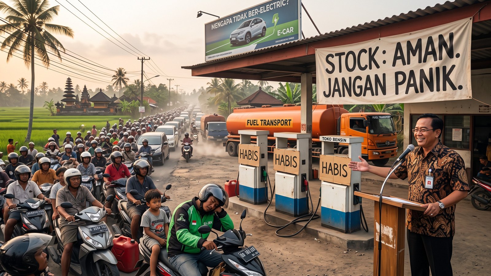 A small petrol station with every pump marked HABIS. An official at a podium under a banner reading STOCK: SAFE. DON'T PANIC points at an empty pump, while a queue of scooters stretches past rice fields and a fuel tanker sits stuck in traffic behind the station.