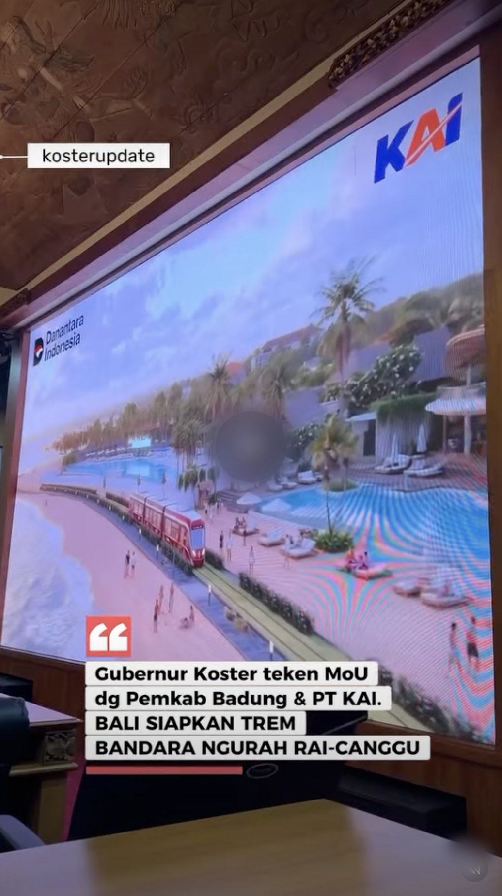 A still from the state presentation: a red tram running along the sand in front of beachfront pools.