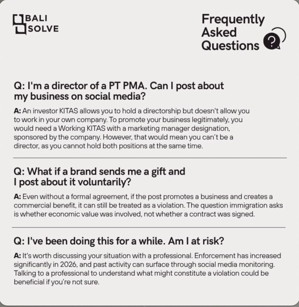 A visa consultancy's Instagram FAQ card: an investor KITAS allows a directorship but not work in your own company; promoting it needs a working KITAS as marketing manager, which cannot be held together with a directorship.
