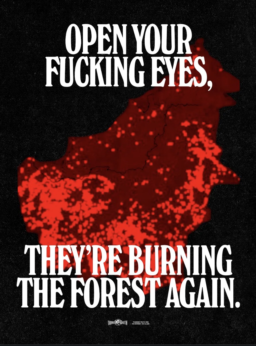 A map of Borneo covered in red fire dots, with the words OPEN YOUR FUCKING EYES, THEY'RE BURNING THE FOREST AGAIN.